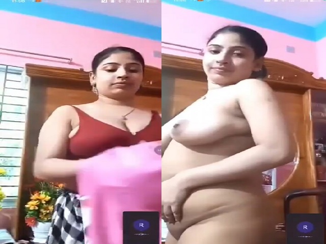 Gorgeous Bengali girl standing naked before video call